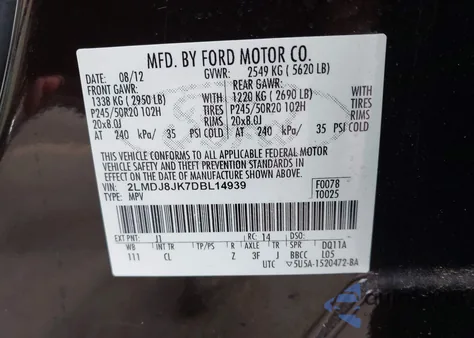 2013 Lincoln Mkx from USA, damaged, VIN 2LMDJ8JK7DBL14939